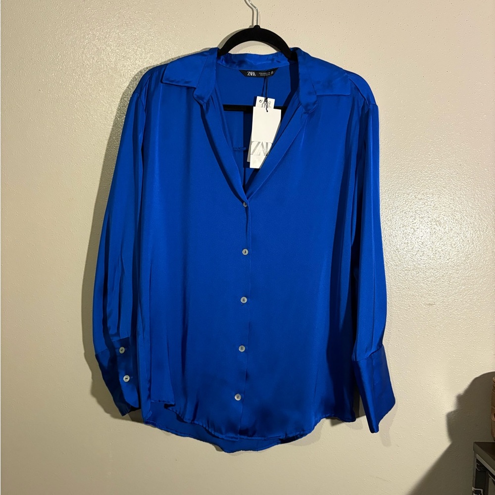 NWT - Zara Satin Blue Button-Down Blouse
